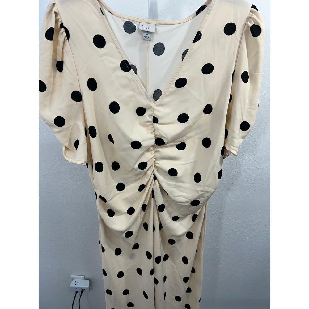 A New Day Polka Dot Ruched V-Neck Puff Sleeve High Low Midi Dress Cream Black XL